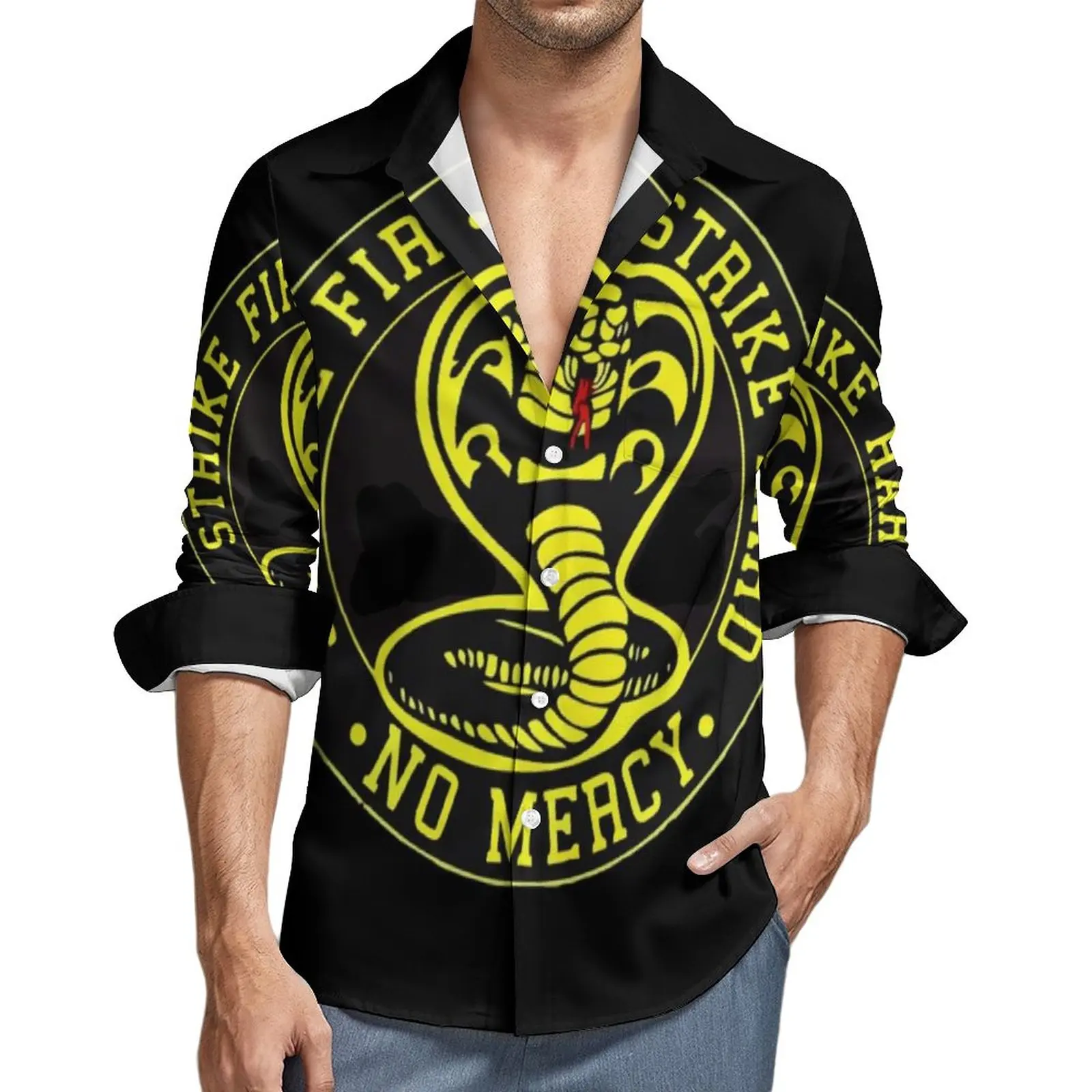 

Cobra Kai Strike Hard Harajuku Casual Shirt Male No Mercy Shirt Autumn Trending Blouses Long Sleeve Custom Oversized Top