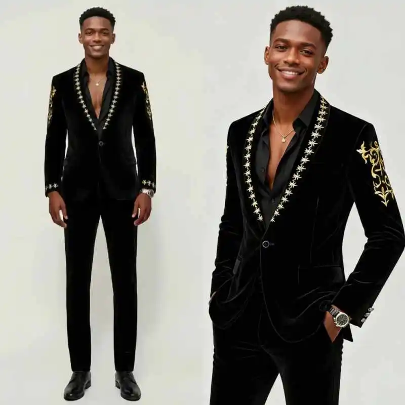 High Quality Men Suit 2 Pcs Blazer Pants Velvet Embroidered Slim Fit Jacket Special Occasion Wedding Prom Party Customized