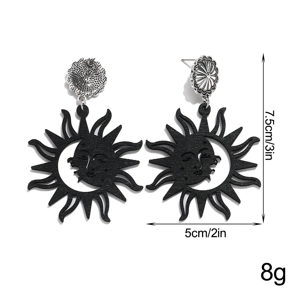 Creative Black Sun Dolphin Hollowed Drop Earrings Retro Wood Texture Earring for Women Jewelry Gifts Accessory
