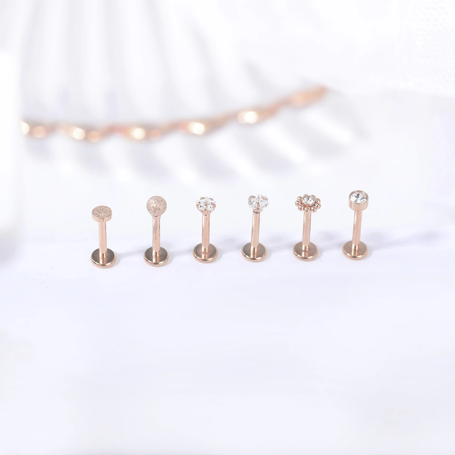 ZS 1PC 16G Rose Gold Plated Helix Piercing Earring Zircon Lip Stud Star Moon Labret Piercing Jewelry Crystal Lip Body Jewelry
