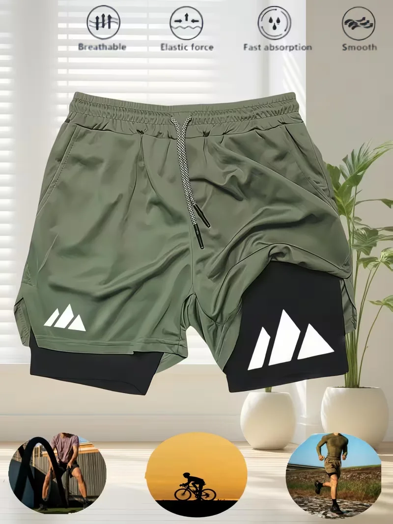 Men's summer breathable dual-purpose double-layer shorts with elastic compression and quick drying multifunctional sports shorts