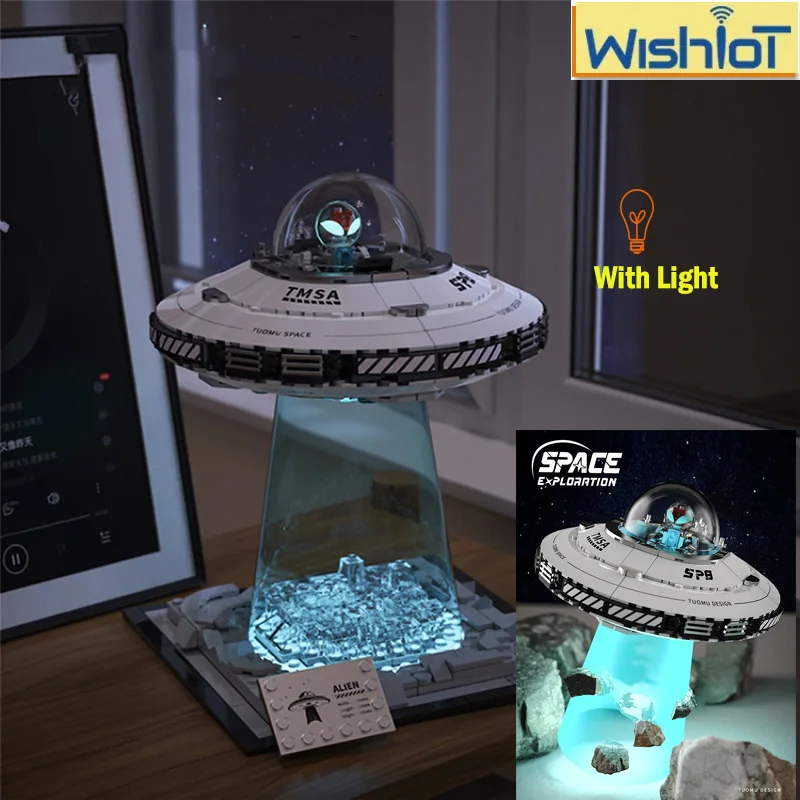 

Creative Space UFO Spaceship MOC Building Blocks With Night Light Spacecraft Alien Room Decor Model Small Bricks Toys Kids Gift