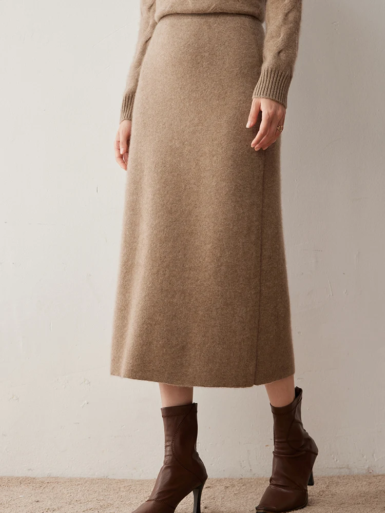Women's 100% Cashmere Skirts Office Lady Autumn Winter Basic Fit Knitted High Waist Straight Skirt Graceful Long Warm Soft Dress