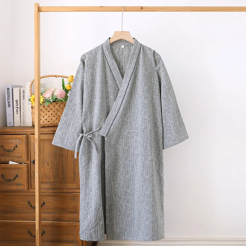 2026 New Spring And Autumn Couple Kimono Sleeping Robe 100% Cotton Gauze Men's And Women's Color Weaved Robe Kimono Bathrobe