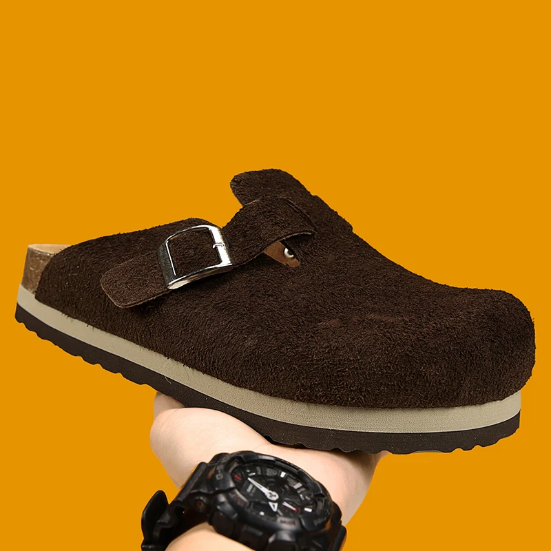 Suede Leather Clogs For Men Women Slippers Mules Cork Footbed Home Sandals with Arch Support Leather Outdoor Half Shoes Slides