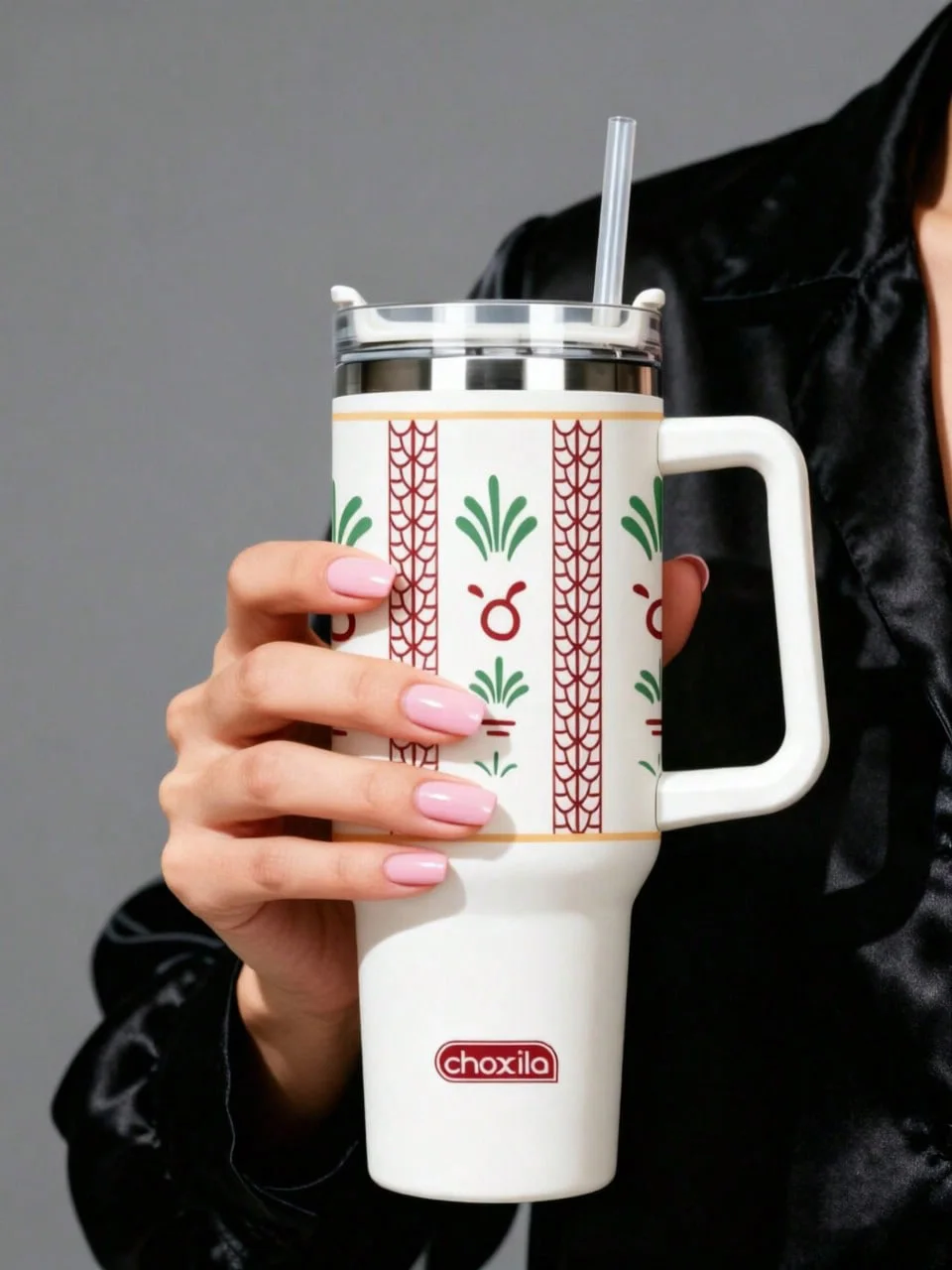 1pc Date Flower Pattern Stainless Steel Tumbler With Handle, Large Capacity Vacuum Insulated Travel Mug - Middle Eastern Style C