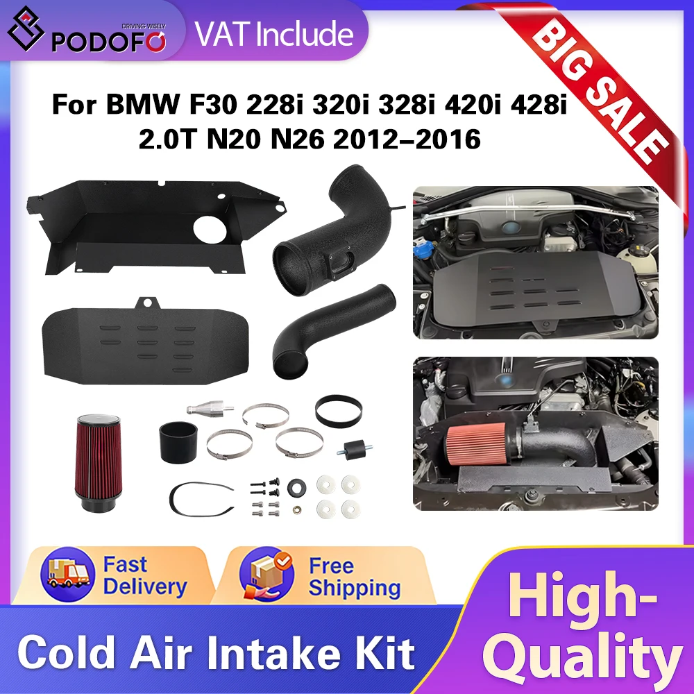 Kit d'admission d'air froid Podofo avec filtre et pare-chaleur pour moteur de voiture BMW 228i 320i 328i 420i 428i 2.0T N20 N26