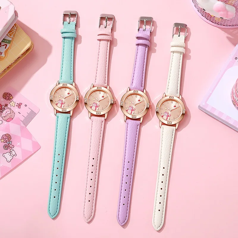 Детские часы Disney, детские кожаные ремешки с бриллиантами Kawaii Lotso Huggin, часы с медведем для девочек, кварцевые часы высокого качества, подарки