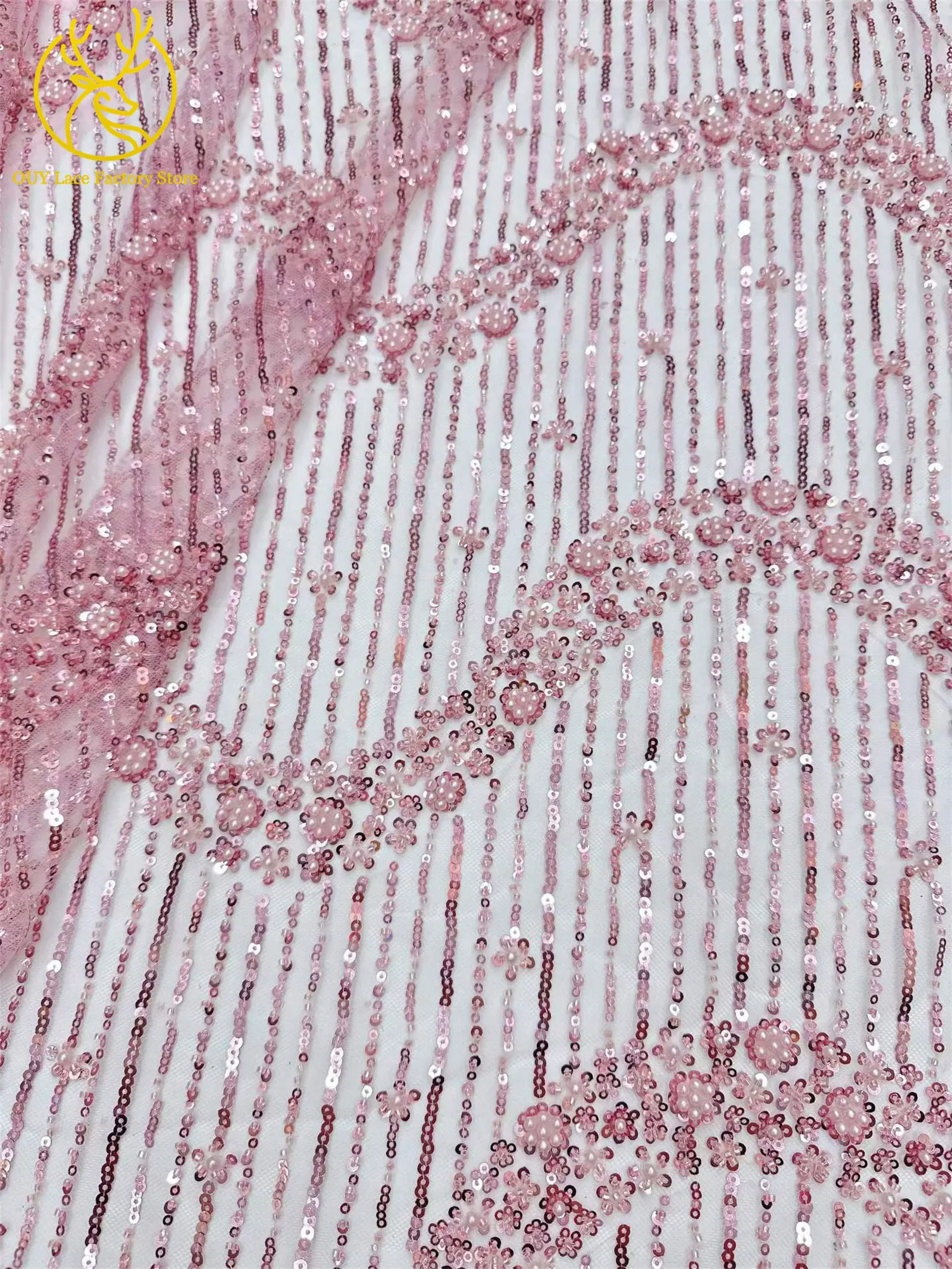 5 Yards Afrikanischer Bräutigam-Perlen-Tüll-Spitzenstoff Rosa Eleganter Nigerianischer Pailletten-Perlen-Netzstoff zum Nähen von Hochzeits- und Partykleidern – Detail 7