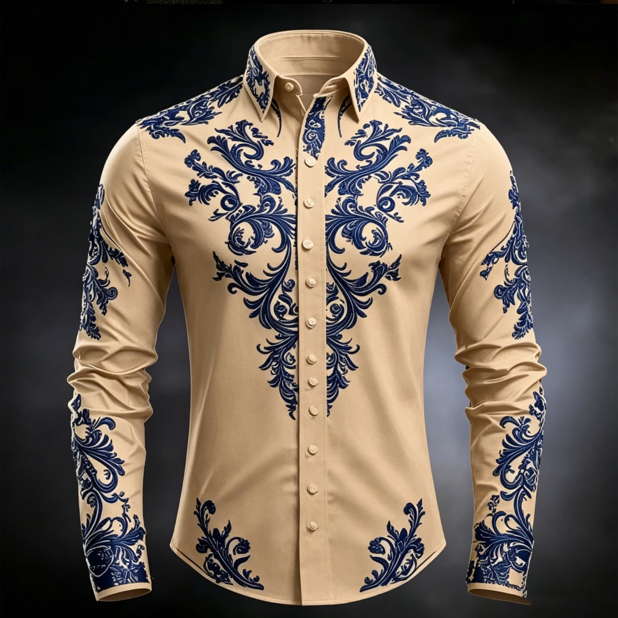 Men's Luxury Baroque Print White Satin Dress Shirt Long Sleeve Slim Fit Formal Business Party Button Down Shirt view 4