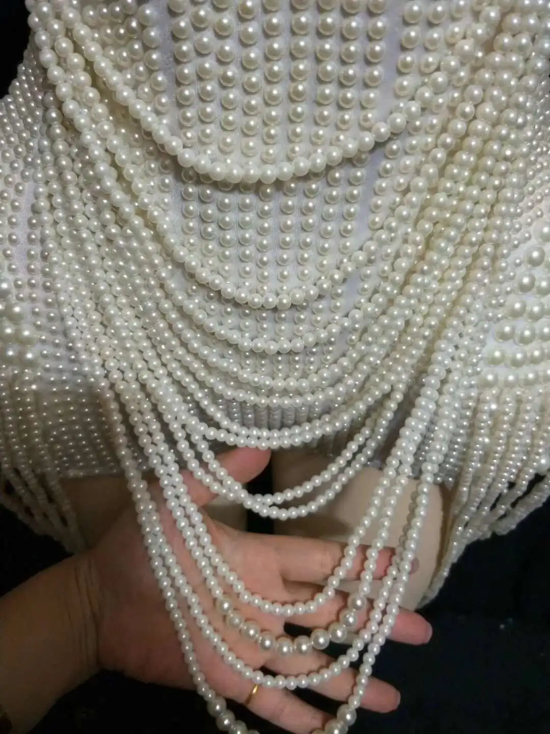 White Beaded Pearls Women Birthday Party Bodysuits Mesh Jumpsuits Nightclub Singer Dancer Performance Drag Queen Stage Wear