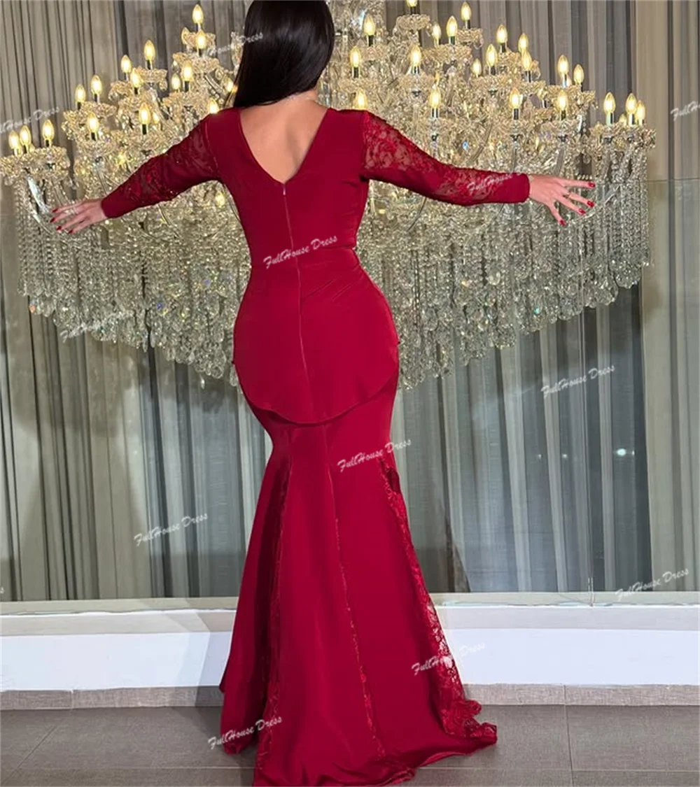 فستان سهرة أنيق مصنوع حسب الطلب برقبة على شكل حرف V فستان زفاف مثير بأكمام طويلة مع دانتيل بطول الأرض فيستدوس دي