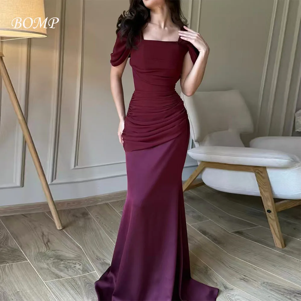 

BOMP Элегантное темно-красное вечернее платье с квадратным воротником и короткими рукавами, плиссированные атласные платья русалки для торжественных случаев, вечерние платья по индивидуальному заказу