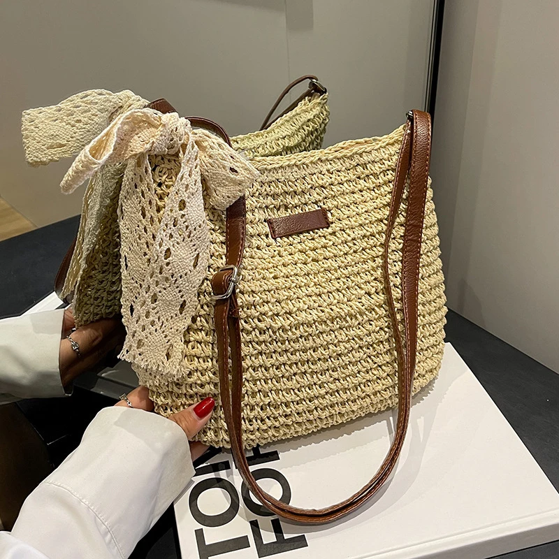 Bohemian Straw Beach Bags For Women High Capacity Handmade Shoulder Bag Casual Woven Totes Bag Shopping Clutch Handbag