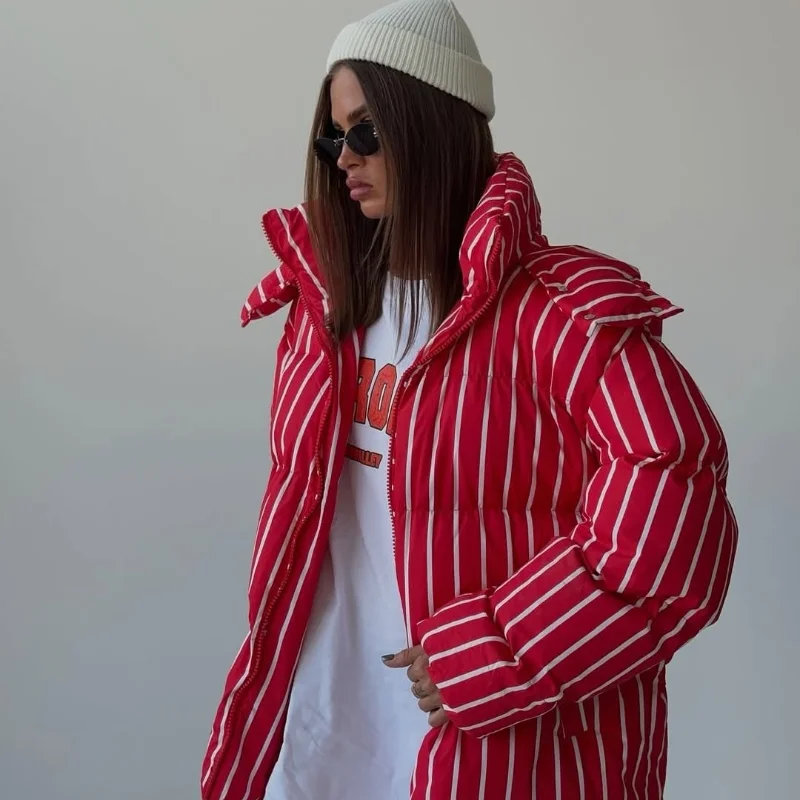 2026 Winter Autumn Stripe Cotton Padded Jacket For Women Warm Long Sleeve Zipper Hooded Coats Lady Street Chic Outdoor Outerwear