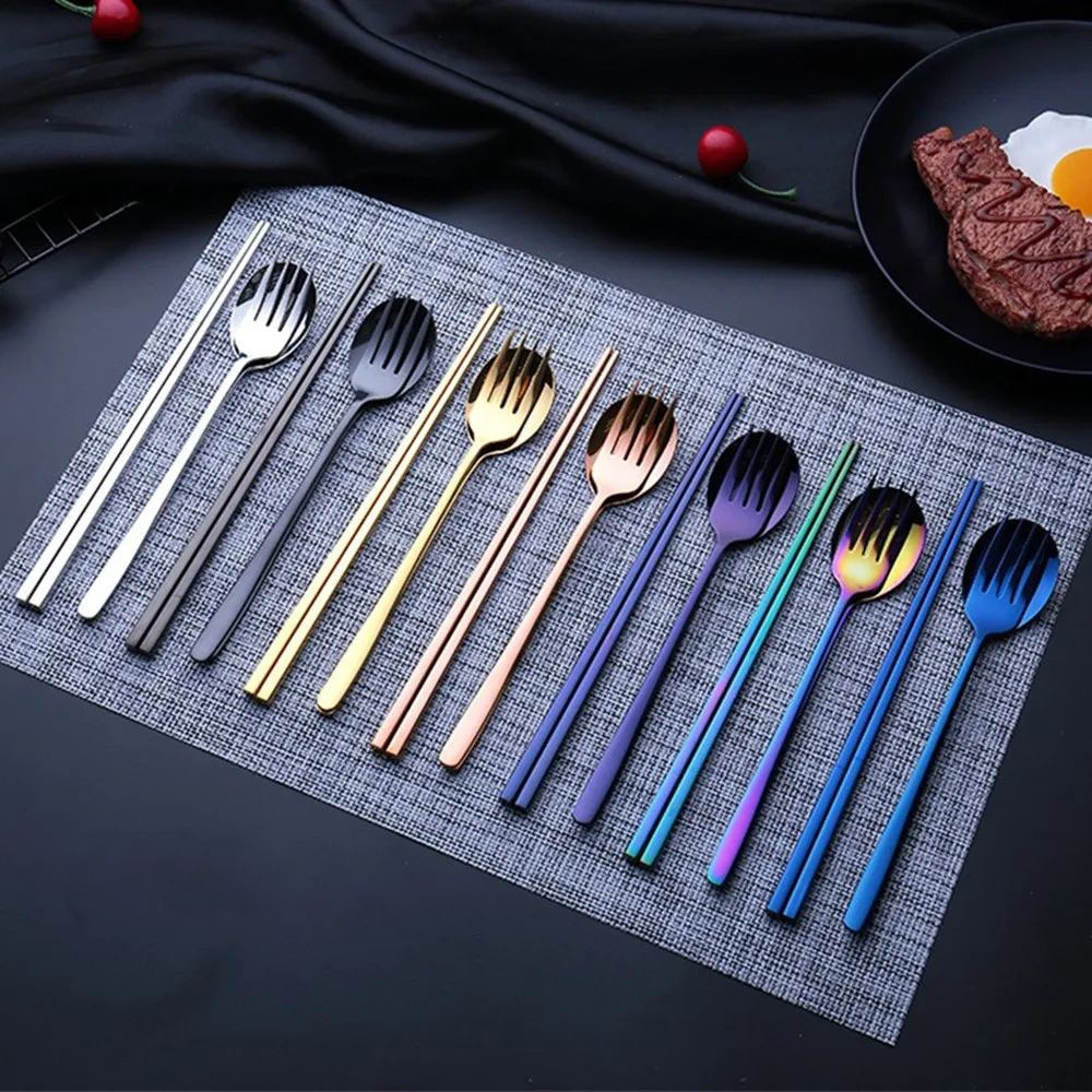 

Portable Stainless Steel Spoon Chopsticks Fork Dinnerware Set Eco Friendly Spoon Fork Chopsticks Three-Piece