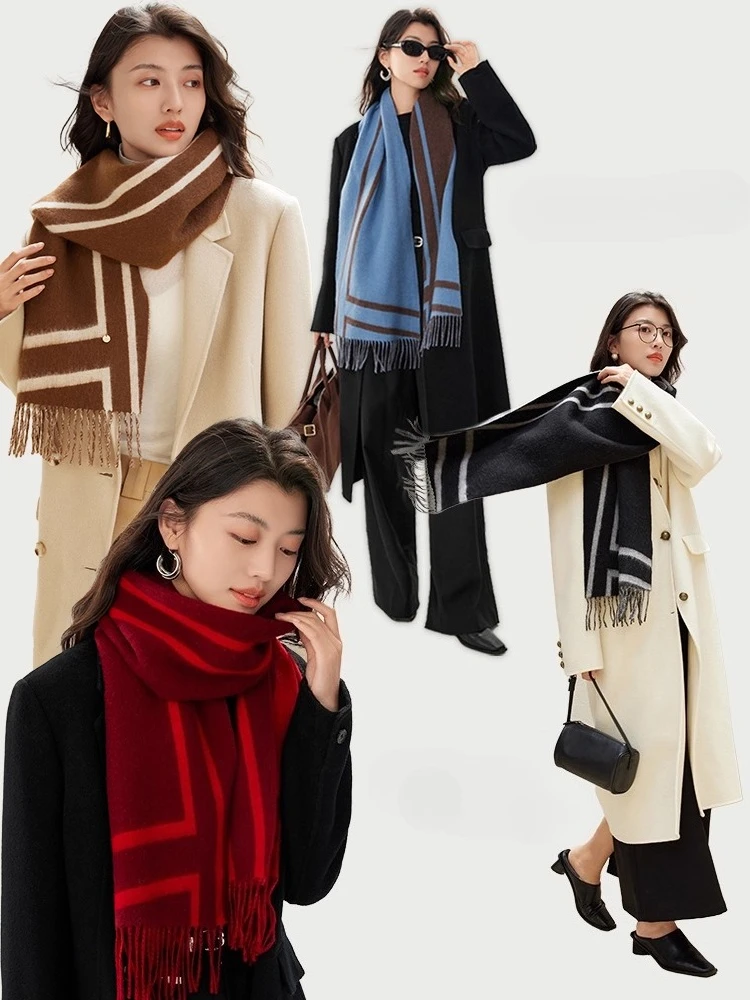 وشاح نسائي دافئ جديد للخريف والشتاء، وشاح مخطط بسيط وعصري من الصوف الحريري على الوجهين