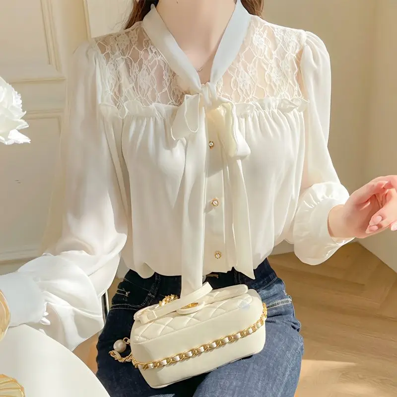 

Spring Autumn New Fashion Sweet Chiffon Shirt Women's Commute Solid Spliced Lace Ruffles Bow Button Long Sleeve Chic Blouses