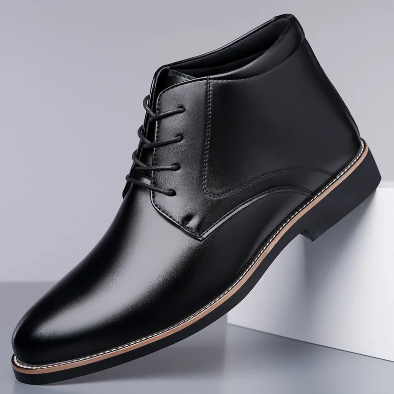Men's high top leather boots, plus size business dress shoes, lace up casual and fashionable office dress leather shoes