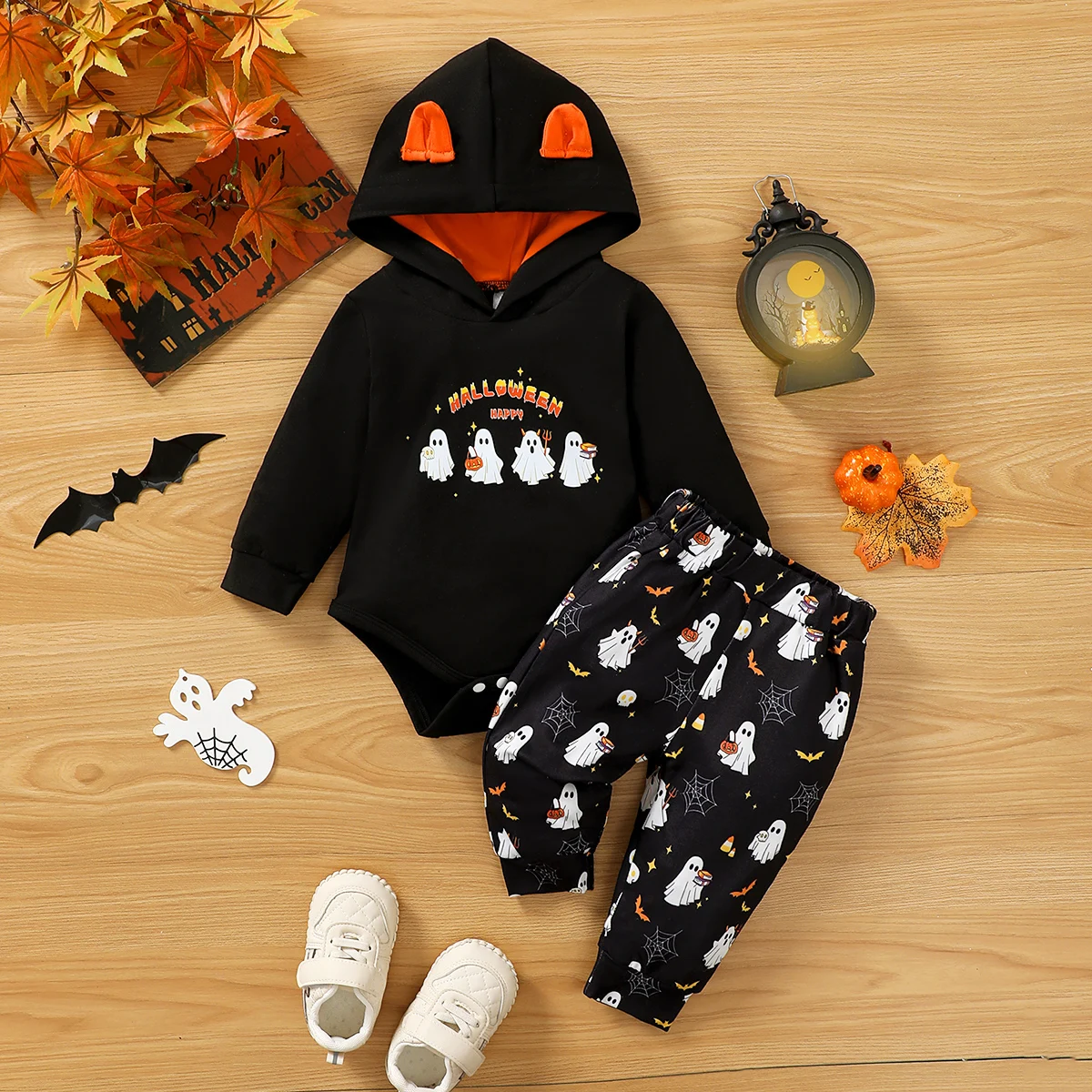 2Pcs Baby Boy Girl Halloween Outfit Hooded Ear Romper + Ghost  Pants Set For 0-12 MonthsToddler Fall Halloween Costume Clothes