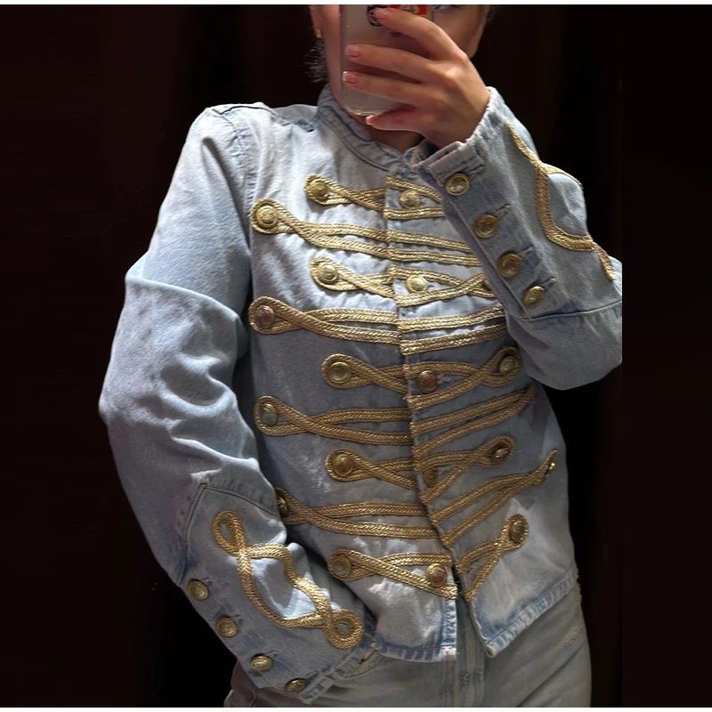 Damen-Denim-Mäntel mit Stehkragen, Froschknöpfen, Langen Ärmeln, Napoleon-Jacken, Herbst, Einreihige, Paneelierte Neue Oberbekleidung – Detail 1