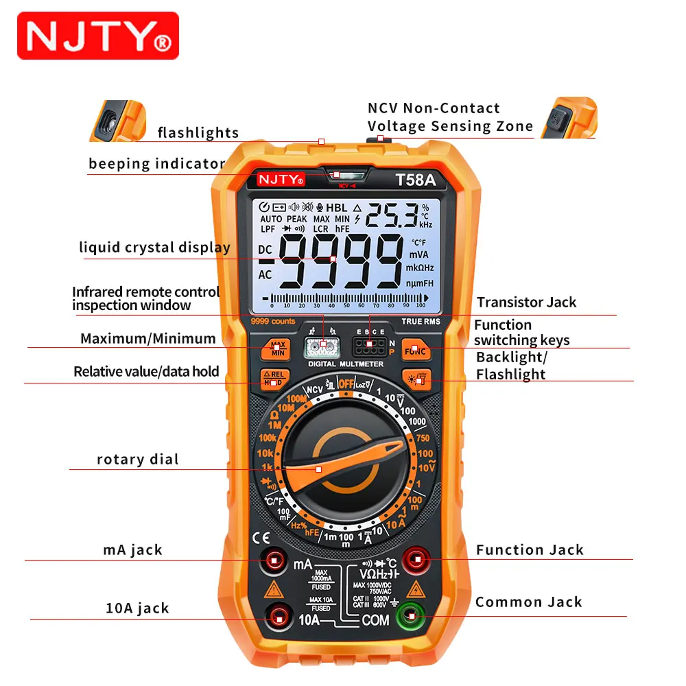 NJTY 전문 디지털 멀티미터, AC DC 전압 전압계, True RMS Amp, Ohm, Hz, 커패시턴스 테스터, 자동차 멀티 테스터, T58A, T58B