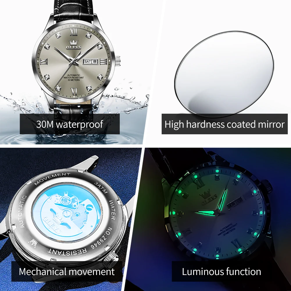 OLEVS 9946, reloj mecánico automático para hombre, reloj informal de cuero con doble calendario, reloj resistente al agua, reloj Formal de lujo para hombres maduros