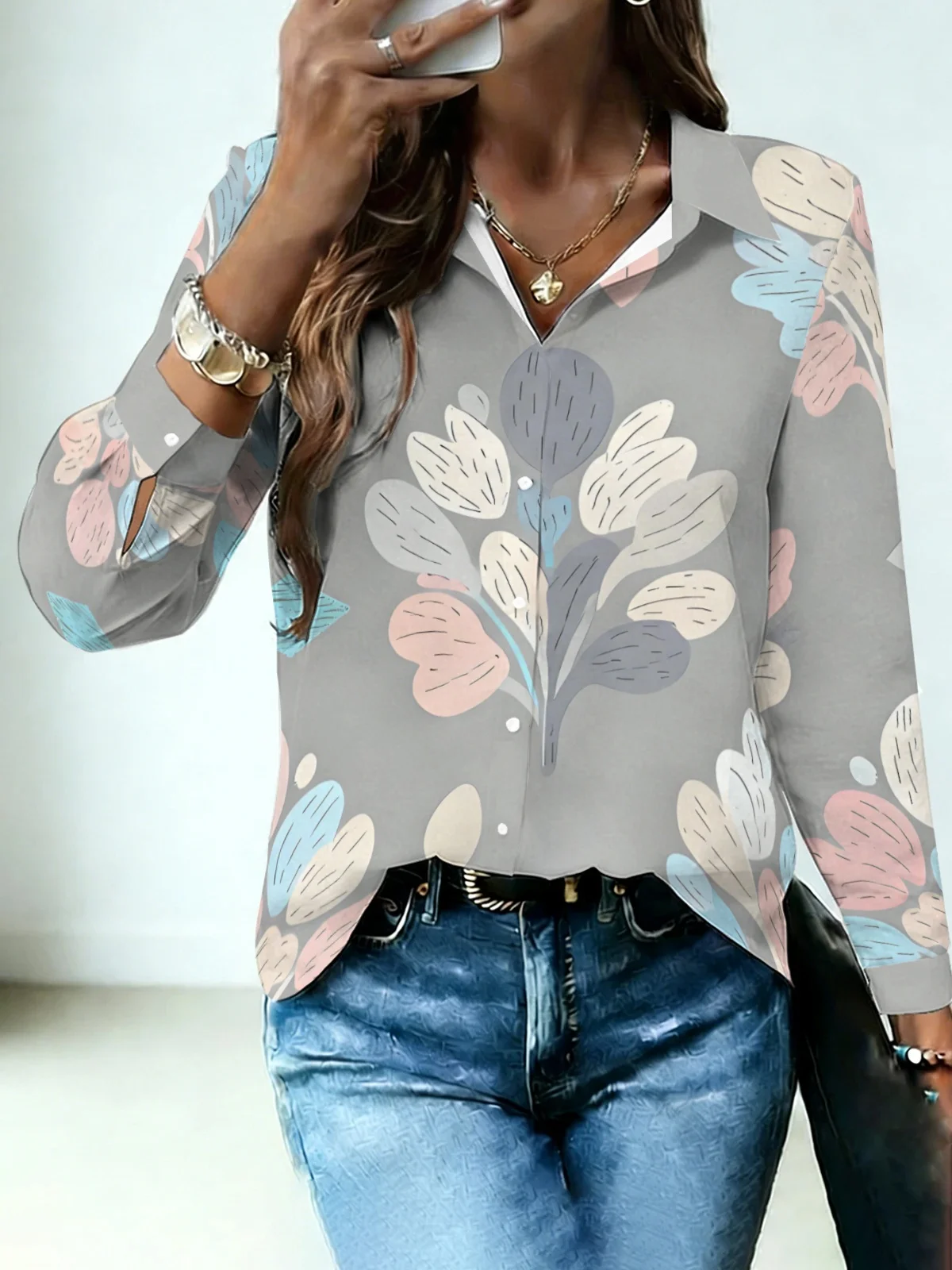 Soft Girl Minimal Leaf Flower Womens Collared Shirt Pure Grey Base Multi Pastel Color Sketch Floral Allover Print Long Sleeve Da