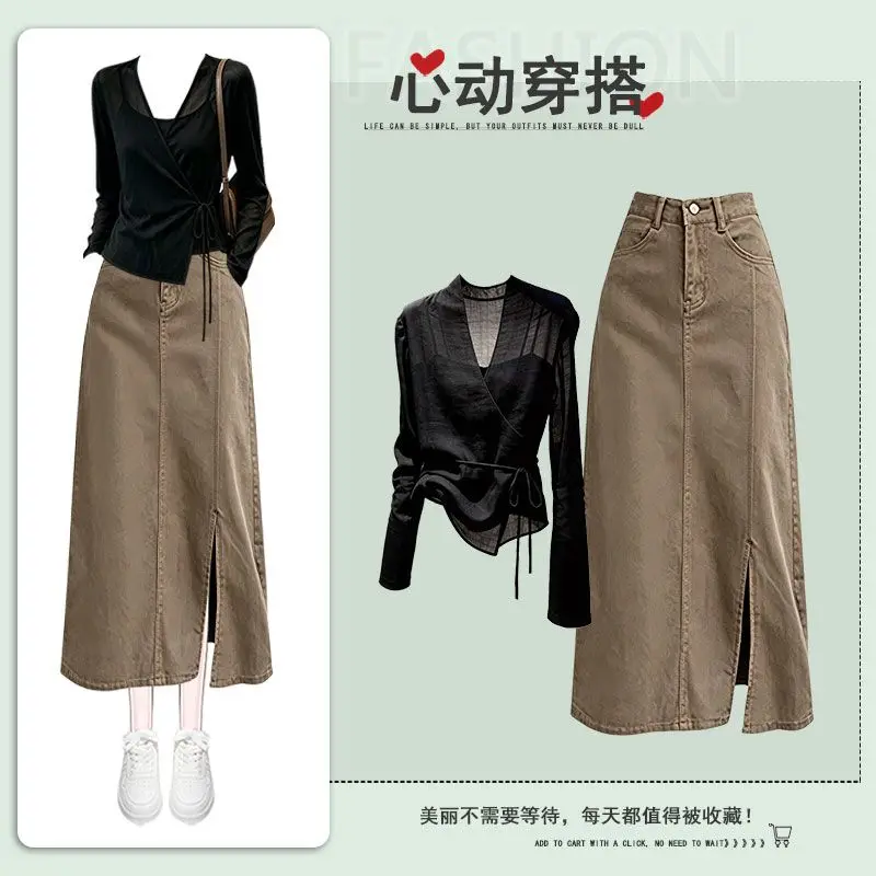 Women's Summer New Fashion Long Sleeved Shirt+Vest+Sexy Denim Skirt 3-piece Suit Korean Version Elegant Retro Dress Matching Set