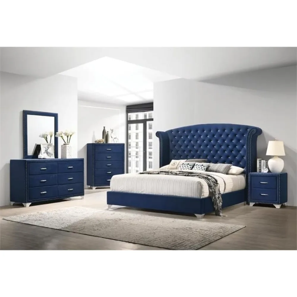 2-Drawer Velvet Upholstered Nightstand Pacific Blue Includes: One (1) nightstand Leg color: Chrome