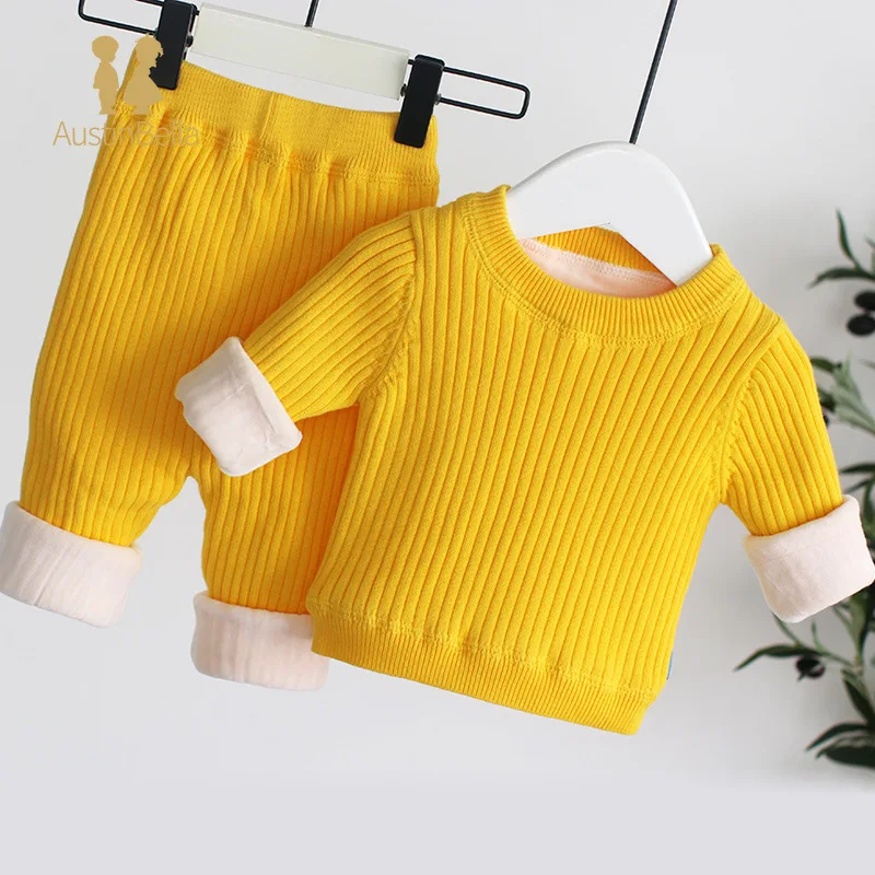 2Pcs Baby's Clothing Set Autumn Winter Thicken Warm Plush Children's Sweater Suit Baby Winter Knitted Sweater Pullover Pants Set