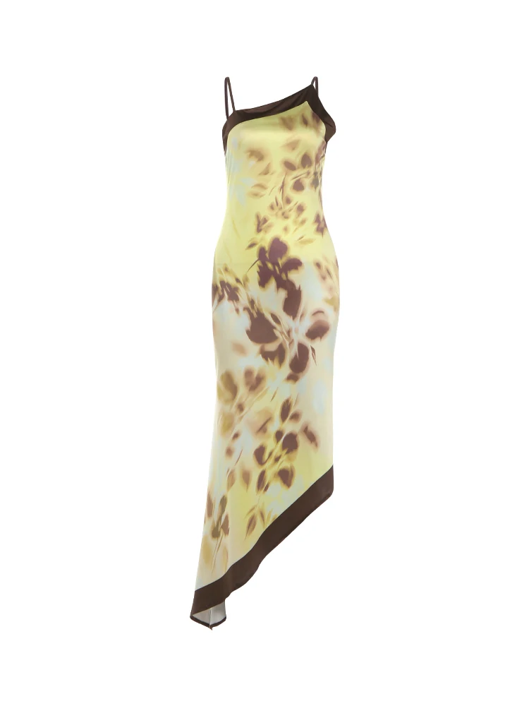Nibber Sling-Kleid mit unregelmäßigem Saum und Pflaumenblüten-Print für Damen, Sommertrend, schräger Kragen, rückenfrei, Streetwear, eleganter Stil, lang, figurbetont – Detail 2