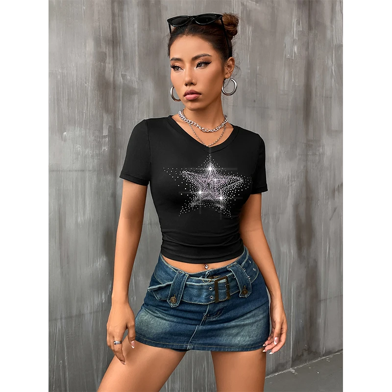 Bold Shade Y2k Star Rhinestone Women T-shirts Punk Short Sleeve Ribbed Fashion Crop Tops Black Streetwear Bodycon Summer T-shirt