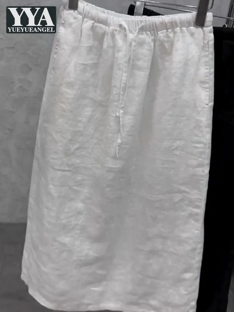 Fashion Summer Elegant Women Beige White Loose Fit Ankle Length Long Straight Skirt High Waist Drawstring Skirts Casual Lady 4XL