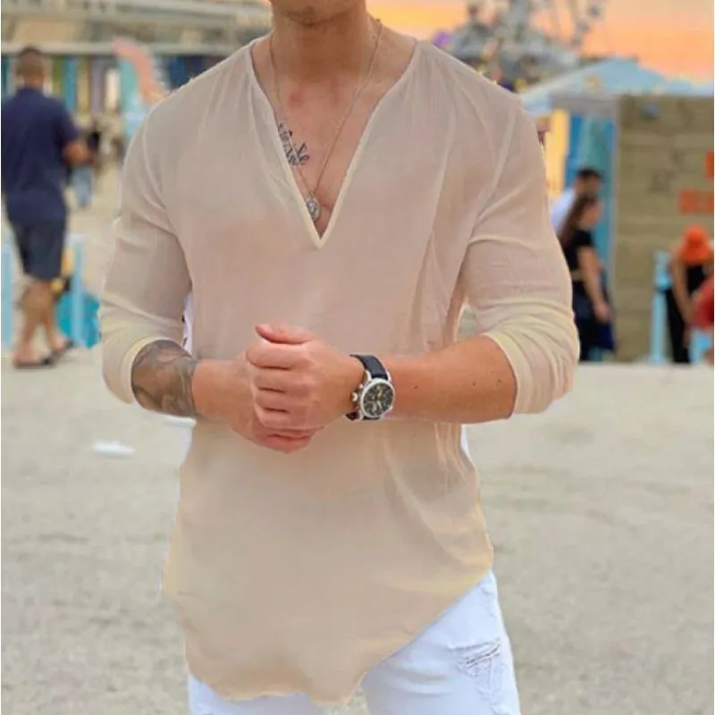 Mens Deep V Neck Raglan Sleeve Long Sleeve Top Solid Color Irregular Curved Hem Loose Casual Daily Holiday Basic Pullover T-shir