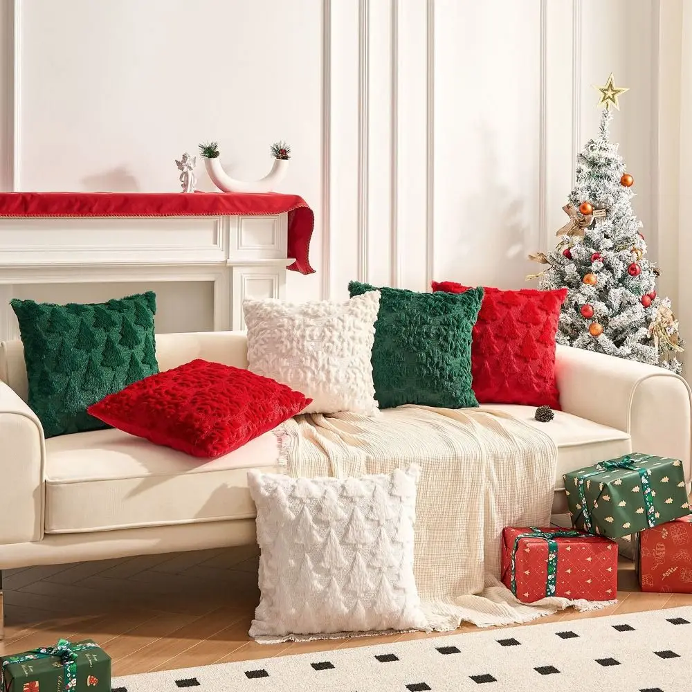 Christmas Tree Christmas Plush Pillowcase Soft 3D Pattern Pillow Case Solid Color Green/Red/White Cushion Cover Sofa/Bed