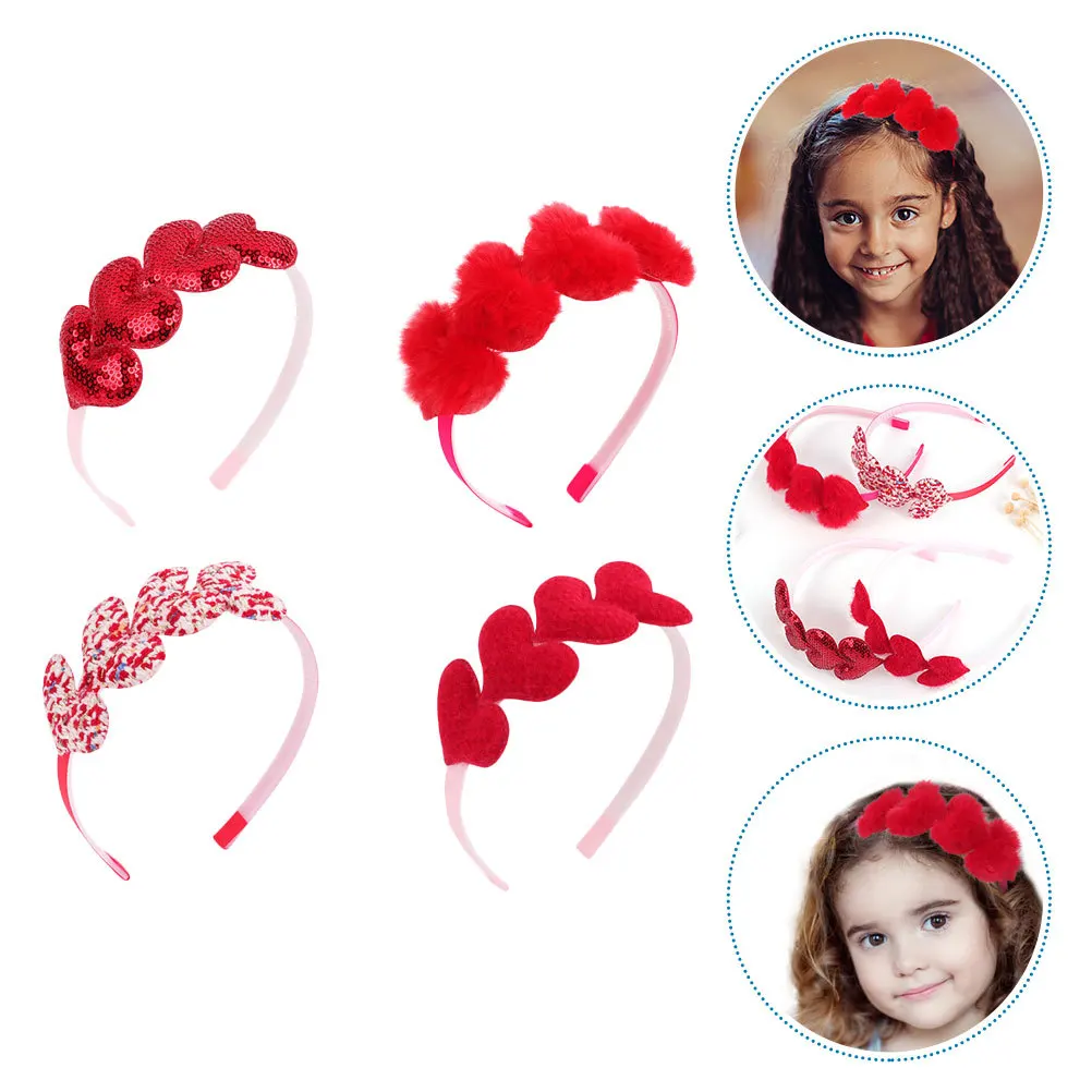 

4Pcs Loving-Heart Splicing Headbands Comfortable Fit Child Head Decors for Valentine's Day Party Hair Accessories Girls Wear