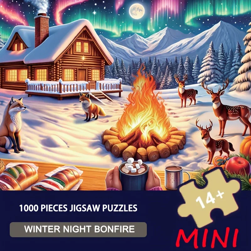 

1000 шт. мини-пазл-с сцена золотого ночного костра со светящимся искусством Ember, идеальный рождественский/новогодний подарок, праздничный подарок