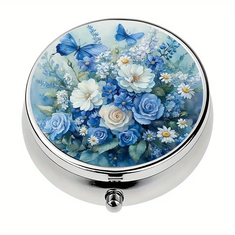1 pill box, with 3 compartments, blue floral butterfly themed mini pill box, medication storage box, decorative vitamin storage box, suitable for purse or wallet