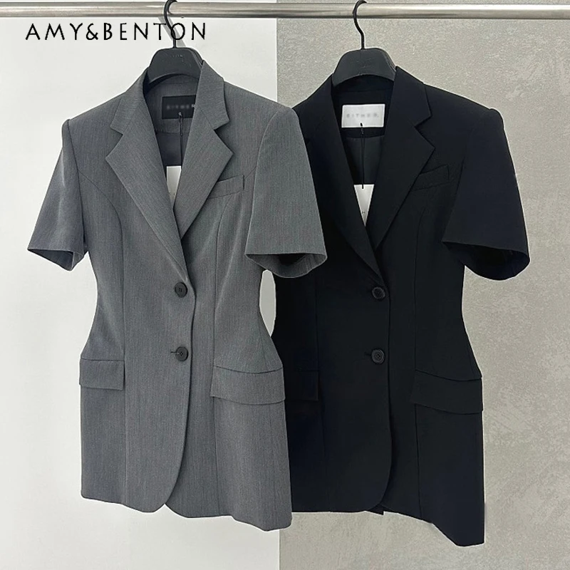 

2024 Summer New Korean Style Fashion Polo Collar Short Sleeve Slim Suit Coat Women Fashion Temperamental All-Match Thin Jacket