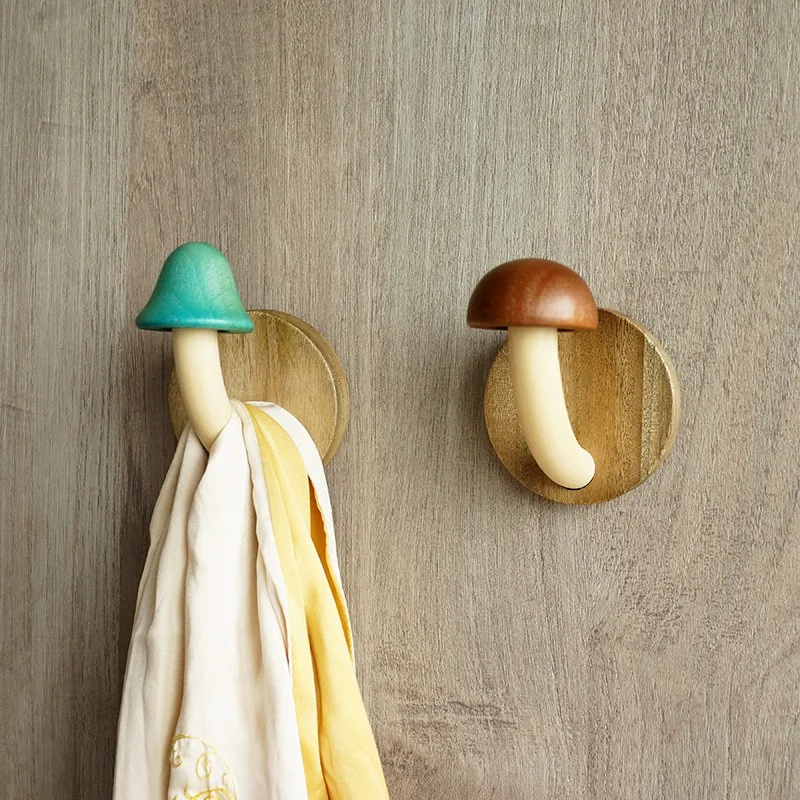 1pc Creative Wooden Mushroom Coat Hooks Punch Free Solid Wood Hanging Hook Nordic Log Hanger Door Back Storage Hook