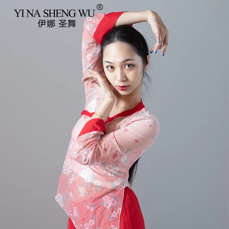 Classical Dance Clothes Oriental Dance Printing Medium Long-sleeved Tops Wide-leg Pants Loose Professional Performance Clothes