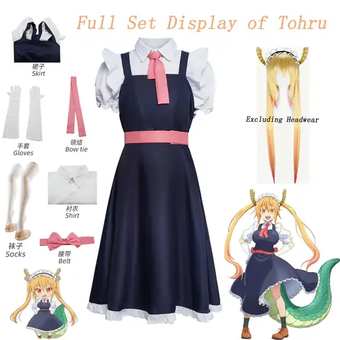 Tohru Cosplay Full Set Miss Kobayashi Dragon Maid Wig Horn Uniform Halloween Party Outfit