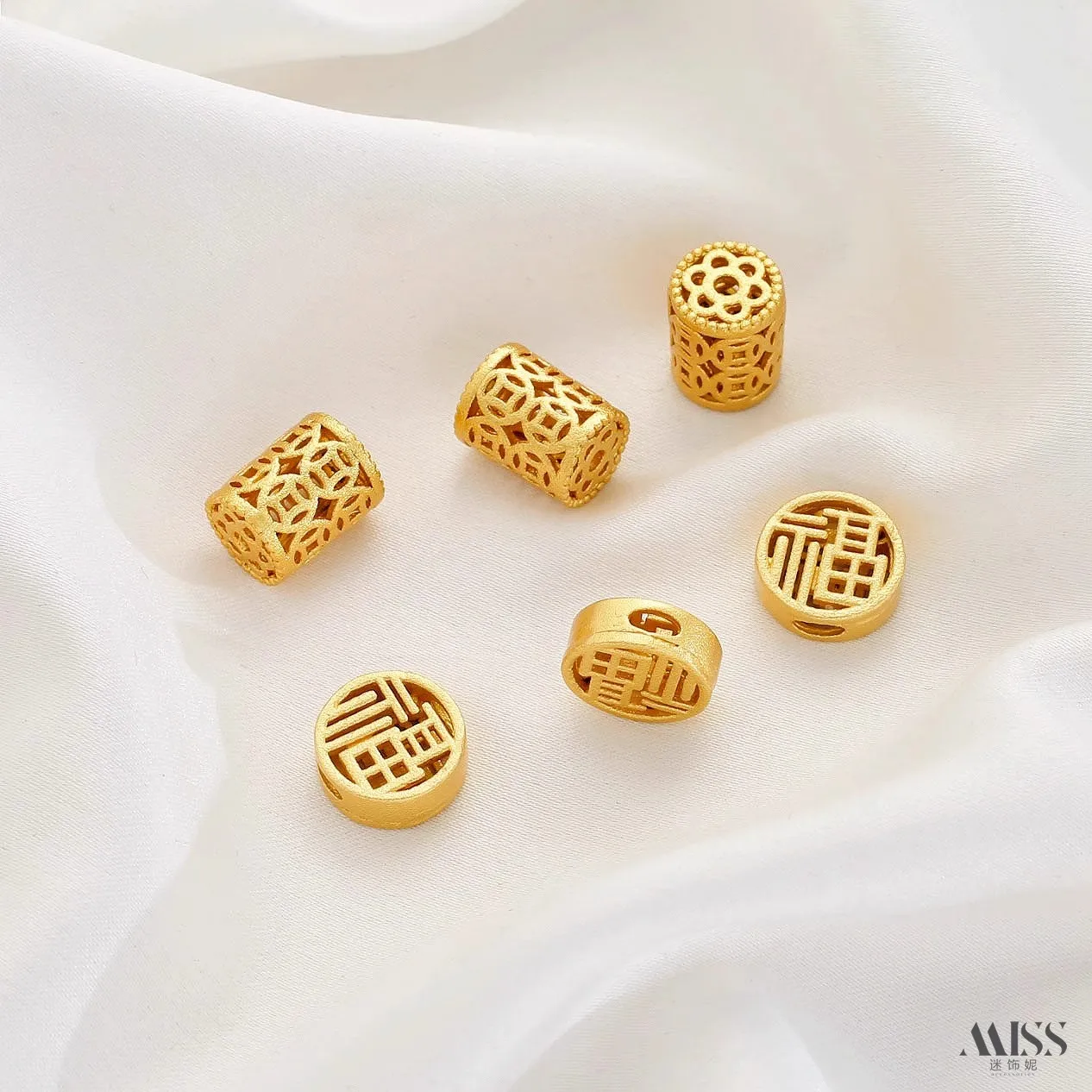 Sand Gold Plated Copper, Hollow Coin Pattern Barrel Beads, Fu Character Spacer Beads, DIY Jewelry Making Supplies