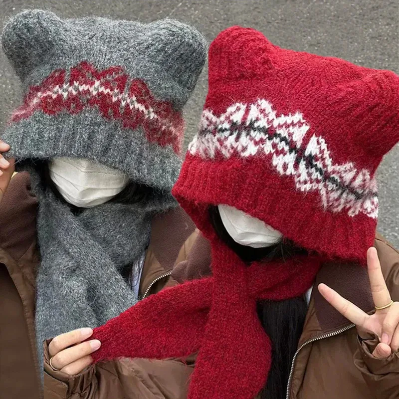 Cute Bear Knitted Scarf Hat for Women Ear Protection Cap Winter Warm Balaclava Headgear Woolen Neckerchief Girls Hooded Beanies
