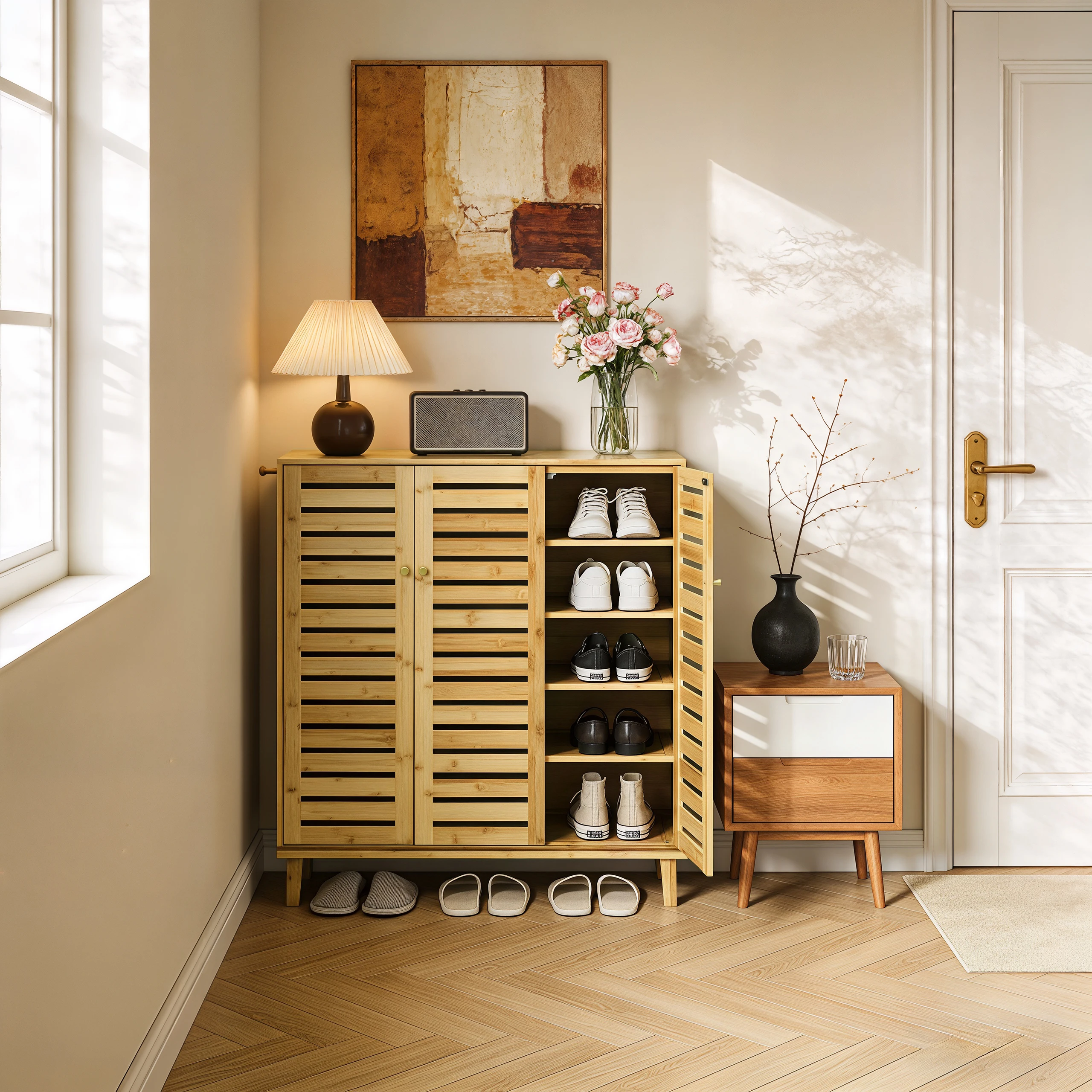 Bamboo Shoe Storage Cabinet with Slatted Doors, 5-Tier Wooden Shoe Organizer Cupboard for Entryway Hallway, Freestanding Large Shoe Rack with Side Hooks & Magnetic Closure