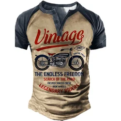 Motorcycle 3D Print Vintage Henley Shirts Men's Casual Fashion Streetwear Oversized Short Sleeve T Shirt Man Tees Tops Clothing