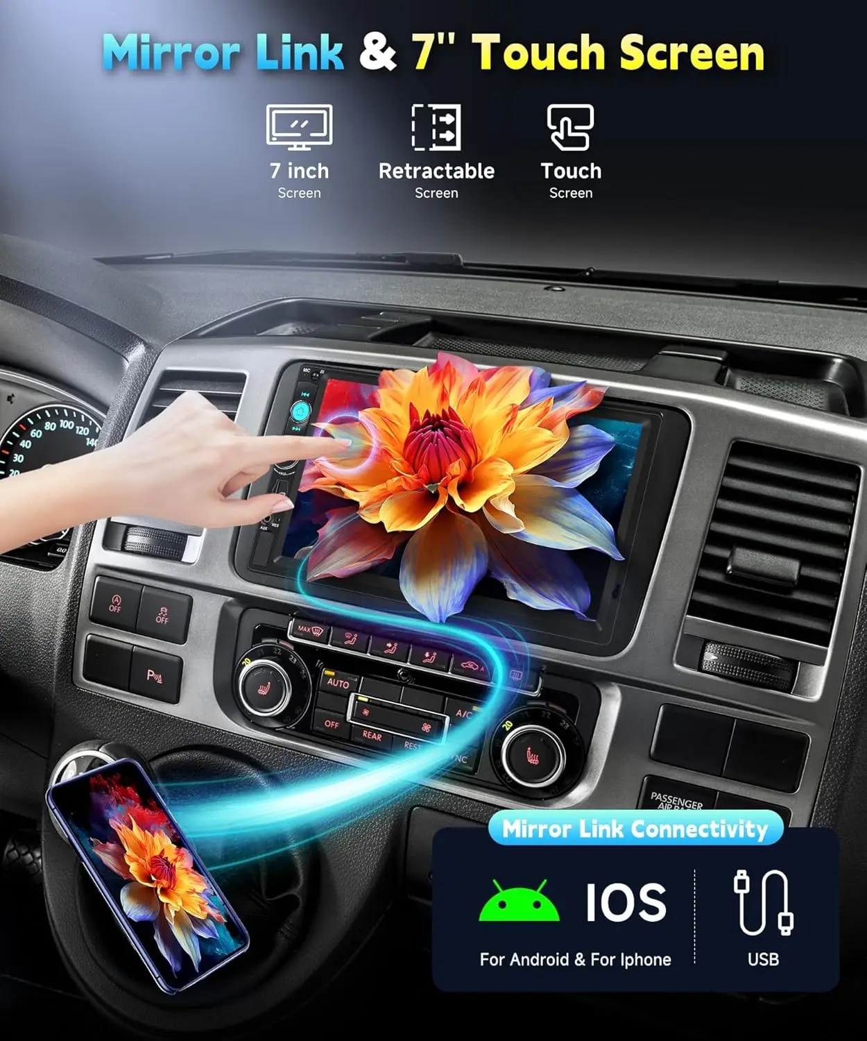 

7-футовый автомобильный радиоприемник Double Din с Bluetooth, резервная камера HD, MirrorLink, быстрая зарядка через USB