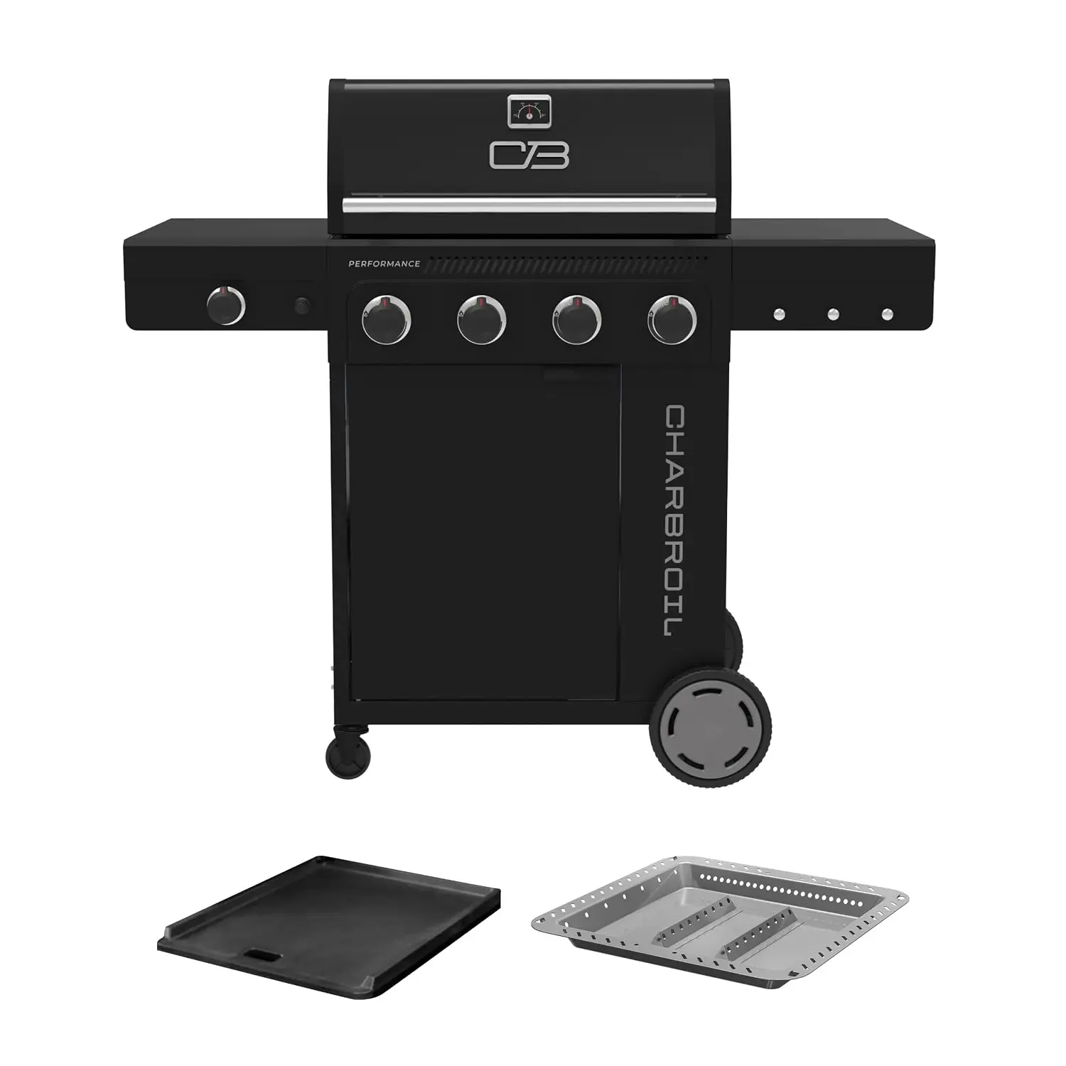 Performance Series 4‑Burner Gas Grill Bundle – Black Cabinet Grill with Side Burner with Griddle Insert & Gas2Coal, Customized