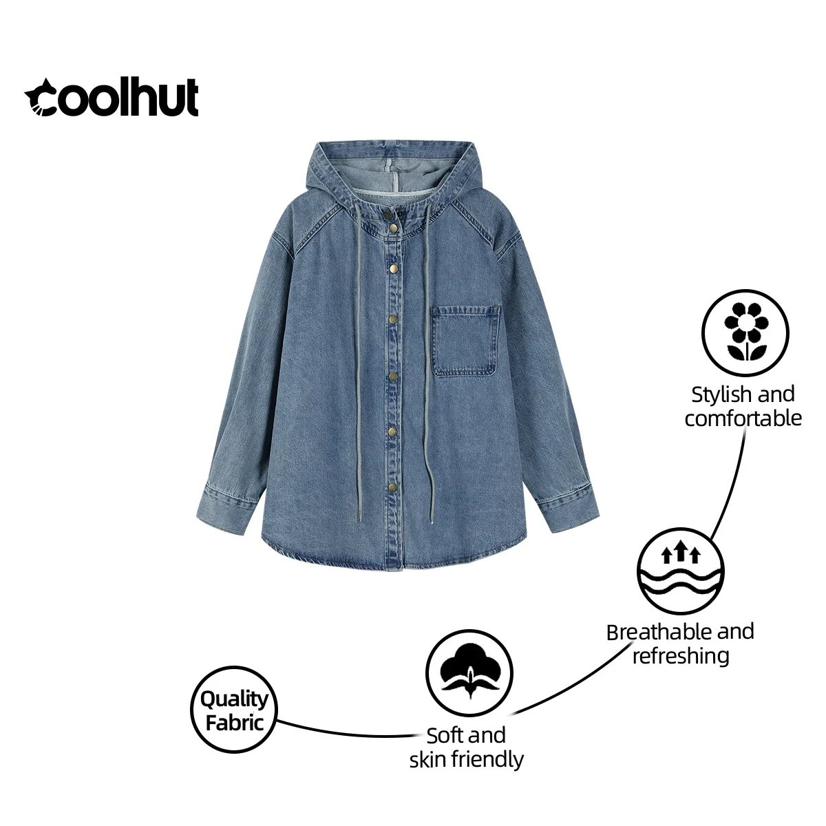 

COOLHUT женская весенняя джинсовая куртка с капюшоном 2025 года, потертое потертое пальто большого размера, пуговицы спереди, завязка на талии, дизайн средней длины